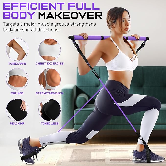 Pilates Bar Kit with Resistance Bands, Multifunctional Pilates Bar for Women & Men with Heavy-Duty Metal Adjustment Buckle, Pilates Home Equipment for Full BodyWorkouts