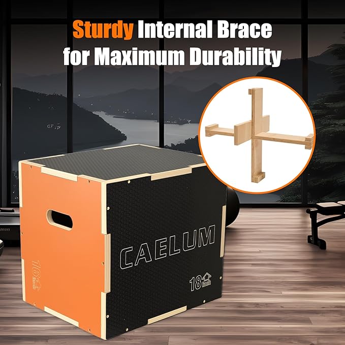 CAELUM 3-in-1 Wood Plyo Box - Non-Slip Plyometric Jump Box for Home & Gym, 400lbs Bearing Fitness Launch Box for Jumping Squats Step-ups Strength Training