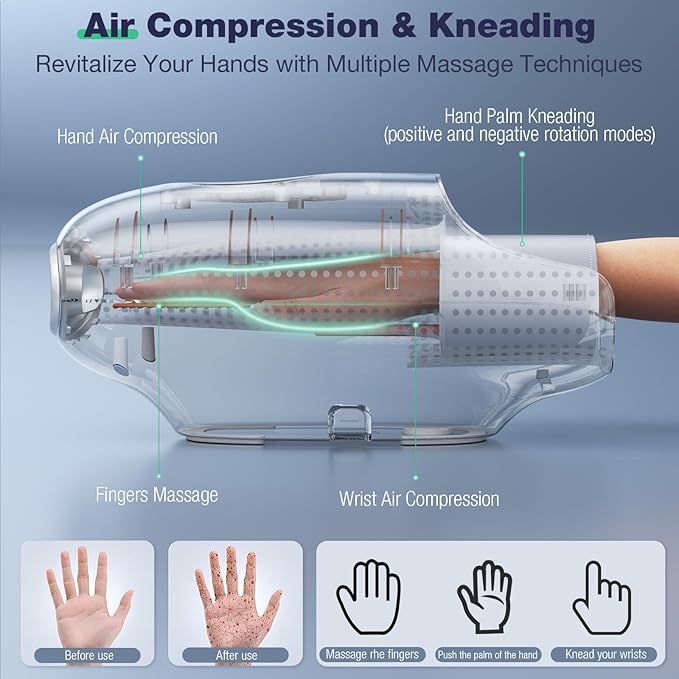 Hand Massager with Heat and Compression, Hand Massage for Arthritis and Carpal Tunnel Relief, 6 Modes Pressure Point Therapy, Blowing Wrist Massager, Finger & Palm Kneading, Gifts for Mom Dad