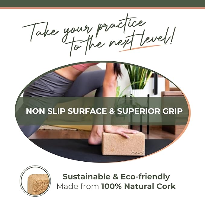 Y O Gayo Premium Cork Yoga Blocks – Durable & Sturdy Natural Cork Yoga Blocks for Stability, Balance, Alignment, Stretching, and Support in Yoga & Pilates