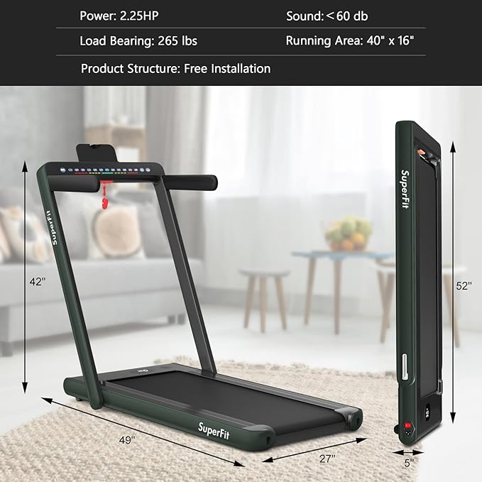 Goplus 2 in 1 Folding Treadmill with Dual Display, 2.25HP Superfit Under Desk Electric Pad Treadmill, Installation-Free, Blue Tooth Speaker, APP Control, Remote Control, Walking Jogging for Home