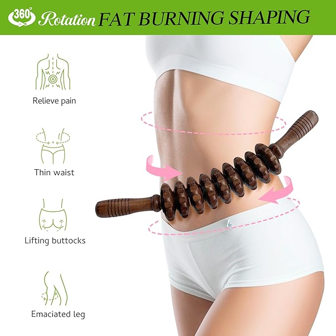 Wooden Curved Manual Massage Stick, 9 Roller Handheld Trigger Point Massager for Fascia, Cellulite, Muscle & Abdomen, Body Therapy Massager, Belly Relief Tool (Brown)