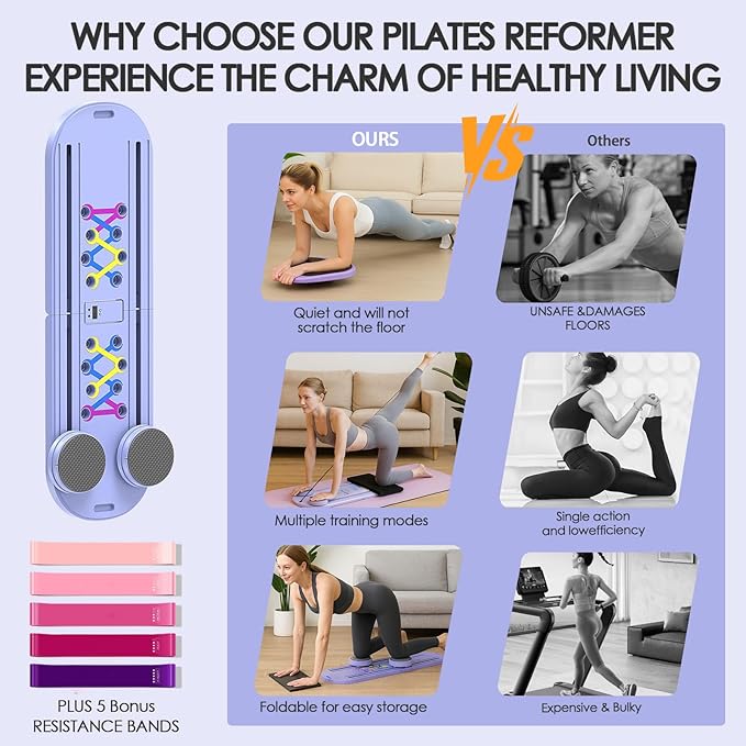 Pilates Board for Home Workout,Foldable Multifunctional Pilates Reformer Set with Timer,Resistance Bands & Storage Bag,Portable Pilates Equipment for Abs,Core & Full-Body Exercise