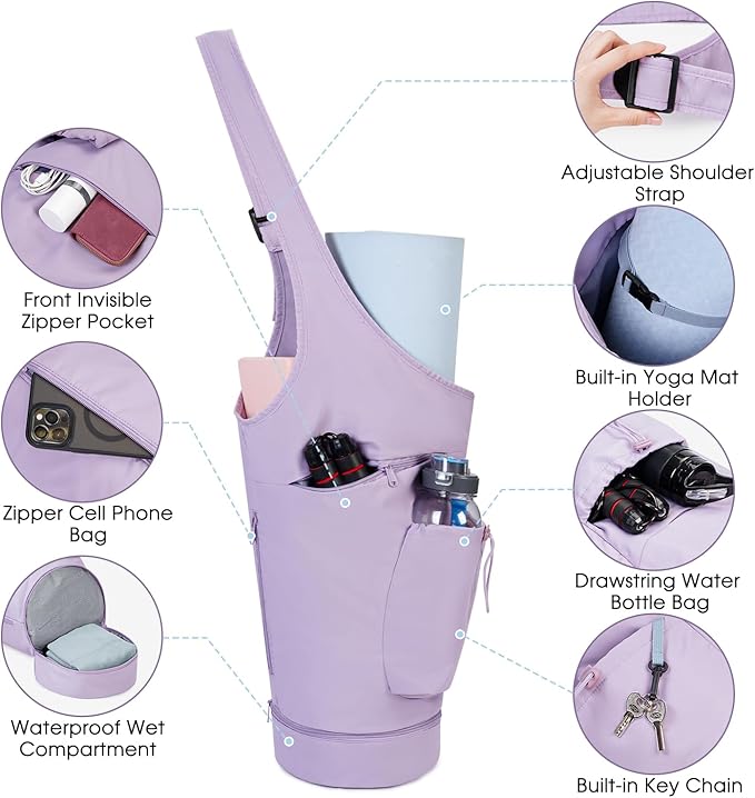 sportsnew Yoga Mat Bag, Large Opening Long Tote Yoga Mat Carrier Holder Bag with Waterproof Wet Pocket and Drawstring Water Bottle Pocket, Adjustable Shoulder Strap Storage Bag, patent pending