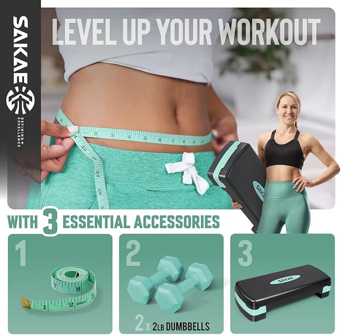 SAKAE Step Aerobics Platform Set with Dumbbells & Measuring Tape, Aerobic Steppers for Exercise at Home, Adjustable Height 2 Level Risers Workout Step Trainer with Non-Slip Surface, Multiple Colors