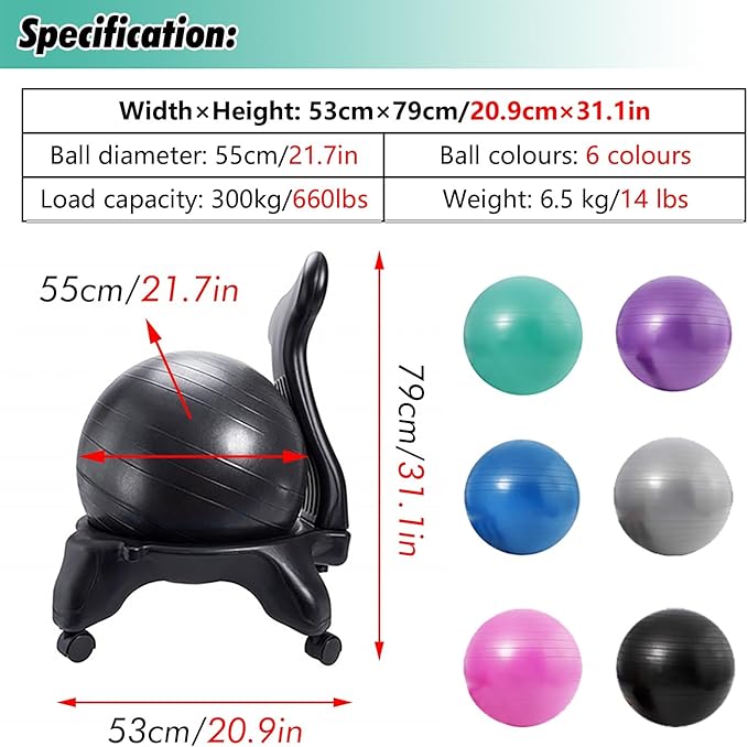 SRNSAEB Exercise Ball Chair with Back Support, Ergonomic Office Chair Yoga Ball to Pregnancy/Gym Goer/Back Pain People, Inflatable Stability Ball Chair with Pump/Wheels(Gray)