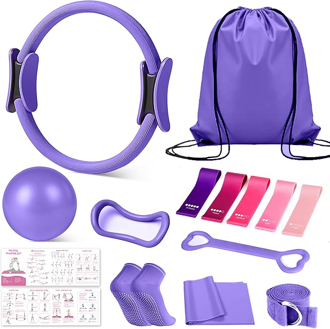 Home Pilates Kit for Women, Essentials Pilates Equipment Set with 14‘’ Pilates Ring and Mini Ball, 5 Resistance Bands & Accessories, Tutorial Charts, Pilates Ring Set for Beginners Workout at Home