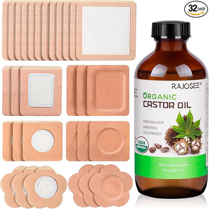 32Pcs Castor Oil Pack with Castor Oil Organic Cold Pressed Glass Bottle 8oz, Cotton Caster Oil Wrap for Waist Back Neck Arm, Self-Adhesive for Convenient Use