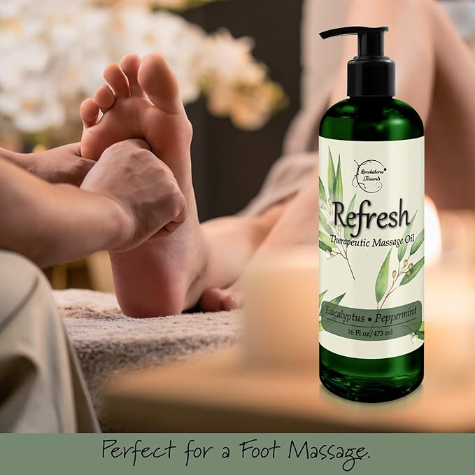 Refresh Massage Oil for Massage Therapy with Eucalyptus & Peppermint Essential Oils - All Natural, Great for Sore Muscles. Ideal for Full Body Relaxation – Nut Free Formula 16oz (Pack of 2)