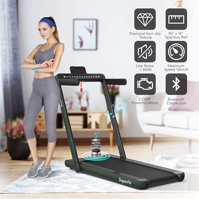 Goplus 2 in 1 Folding Treadmill with Dual Display, 2.25HP Superfit Under Desk Electric Pad Treadmill, Installation-Free, Blue Tooth Speaker, APP Control, Remote Control, Walking Jogging for Home