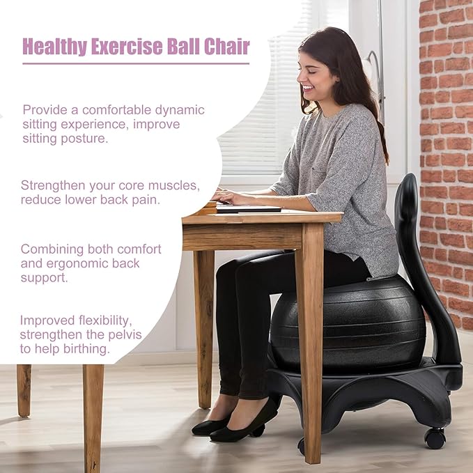 Yoga Ball Chair Base Only with Wheels, Exercise Ball Chair with Back Support, Ergonomic Rolling Base for 55cm (21 5/8") Pilates Ball