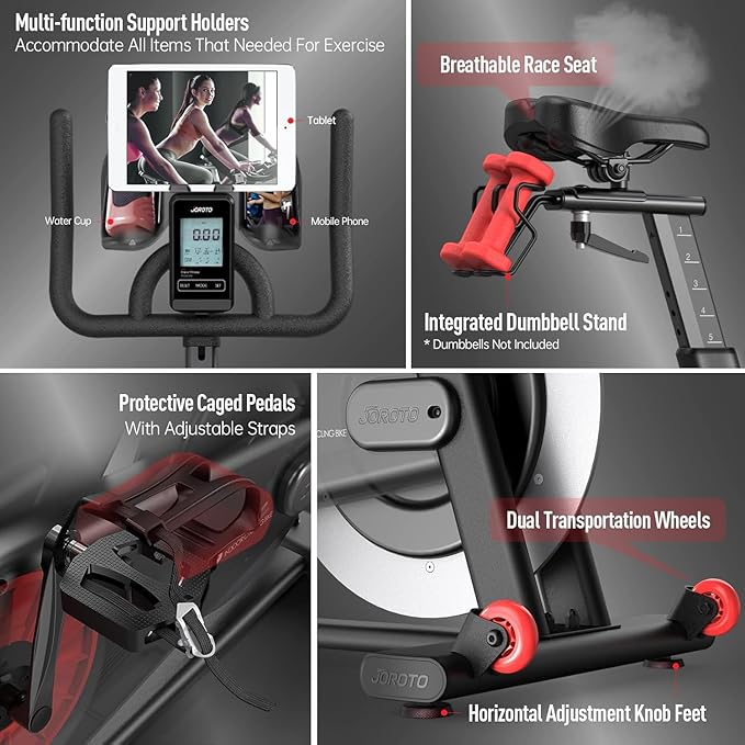 JOROTO Exercise Bike, Magnetic Stationary Bikes for Home with 40LBS Flywheel, App Supported Indoor Bike with 350LBS Weight Capacity, Low Noise,Digital Monitor,Bottle and Tablet Holder