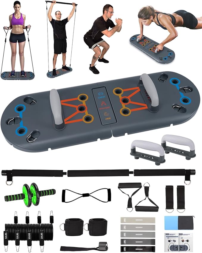 Hikeen Home Workout Equipment to Help Achieve Fitness Goals, 27-in-1 Portable Gym Exercise Equipment with Compact Push-Up Board, Resistance Bands, Ab Roller Wheel, and Pilates Bar, Master Your Workout
