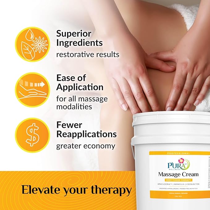 Deep Tissue Therapy 5 Gallon Massage Cream, Professional, Massage Therapy, Unscented, Natural Ingredients, Skin Hydrating, Moisturizing, Muscle Relief, for Bruising, Recovery, Soothing