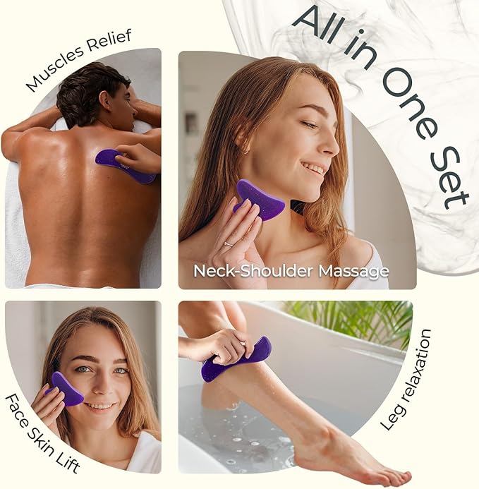Scienlodic 2 Pcs Gua Sha Massage Tools for Face & Body (Purple, Resin) - Guasha Scraping Tool for Jawline Contouring, Puffiness Reduction, Neck, Shoulders, Arms & Calves Relaxation