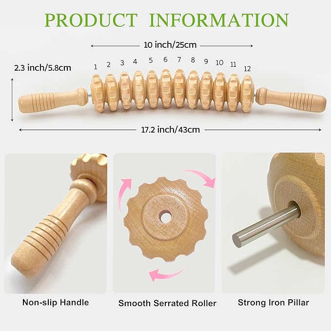Wooden Curved Handheld Roller Massager Stick- 12 Rollers Wood Therapy Tool for Trigger Point, Fascia & Cellulite Reduction, Lymphatic Drainage, Muscle Tension Relief & Body Shaping (Wood)