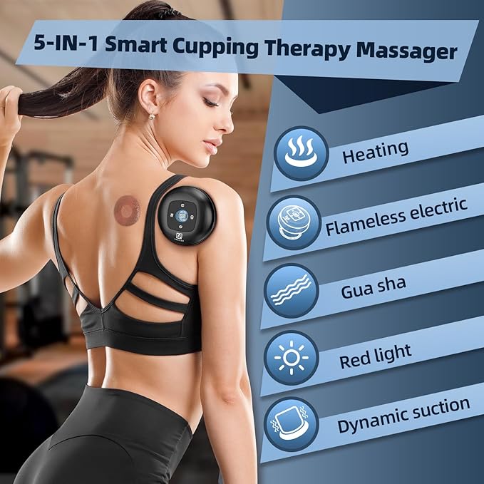 5-in-1 Cupping Kit for Massage Therapy, 12 Levels Smart Dynamic Cupping Set with Red Ligh-t Therapy&Heat Penetrates for Targeted Pain Relief, Knots, Aches, Muscle Soreness - 2Pcs(Black&Black)