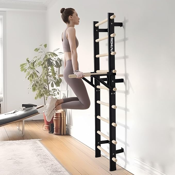 Swedish Ladder Dip Bar Attachment, Fits TS003A Ladder, Wood Stall Bar for School, Physical Therapy and Gymnastics, Multi-grip