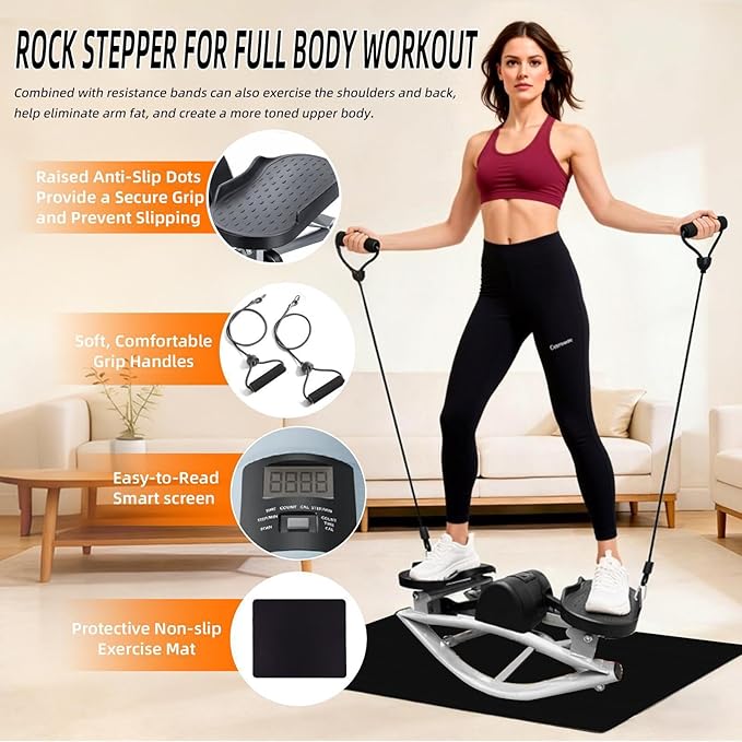 Rock Stepper with Digital Monitor, Low-Impact Compact Rock Stepper Side to Side with Resistance Bands and Non-Slip Floor Mat, Portable the Rock Stepper for Home, Apartment, Dormitory, Office