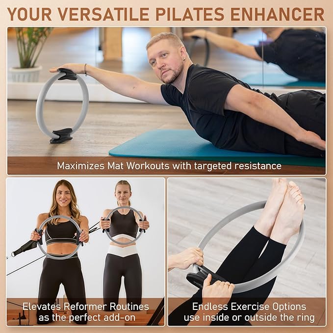 Pilates Ring, 15-Inch Magic Circle with Extra Thick Padded Handles, Pilates Equipment for Toning Inner Thighs, Arms and Strengthening Cores- Workout Guide Included