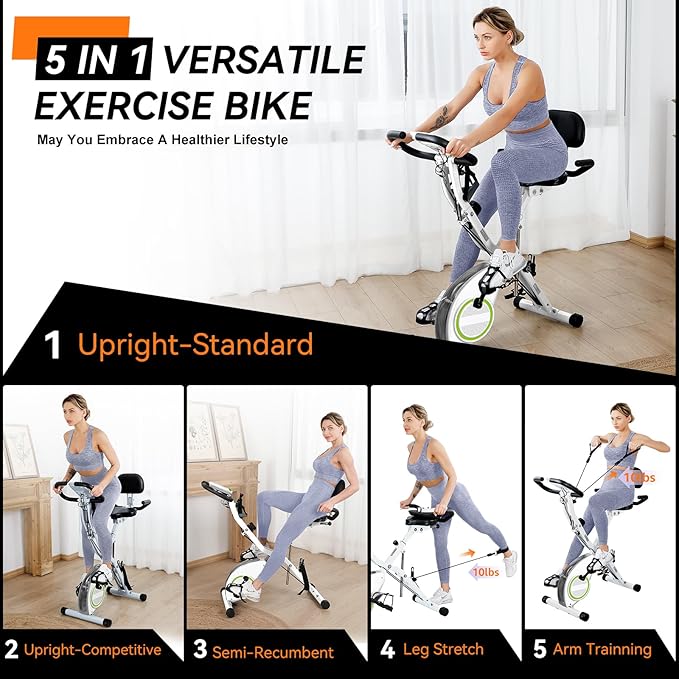 Foldable Exercise Bike Stationary Bikes for Home, 5 IN 1 Indoor Workout Bike, Cycling Bike with 16-Level Quiet Magnetic Resistance, 6.6 LBS Flywheel and 300LBS Capacity for Senior and Home Workout