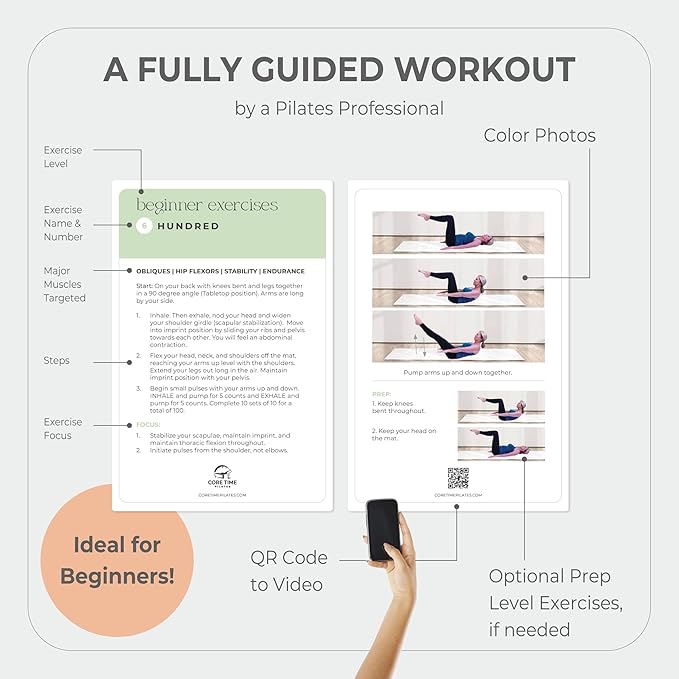 52 Pilates Cards - 40 exercises with Pilates Instructor- Mat Pilates workout cards - Detailed photos and video Instructions - Do Pilates at Home- No equipment needed.