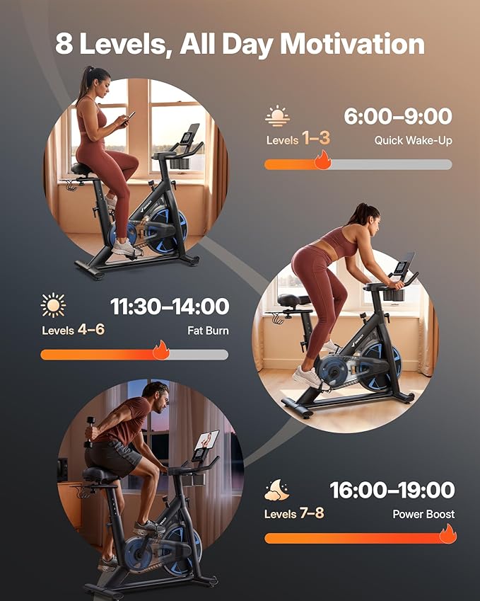 Merach Magnetic Exercise Bike, Low Noise Stationary Bike for Home with Comfortable Seat Cushion, Spinning Bike with 330 lb Weight Capacity, Exclusive App, Tablet Mount and Fitness Courses