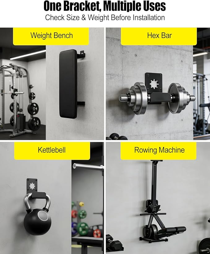 Weight Bench Gym Storage with Rubber Gasket, Heavy Duty Wall Mount Brackets 200 lb, Adjustable Hanger Home Gym Space-Saving Storage for Weight Benches, Hex Bars & Rowing Machines