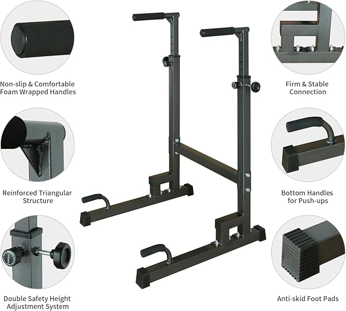 Generic Adjustable Dip Bars for Home, Pull Up Bar Dip Station, Strength Training Dip Stands with Bench, Black