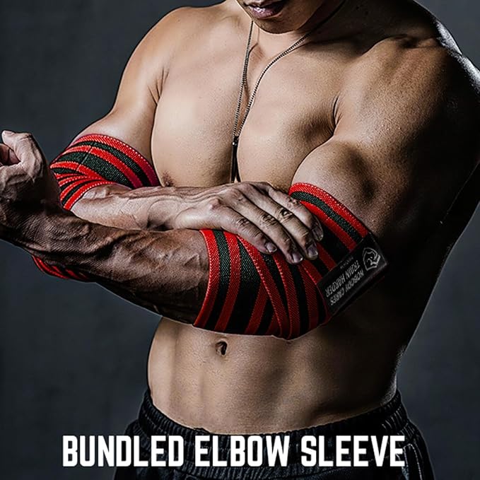 TAVIEW Elbow Wraps for Weightlifting (1 Pair), 47" Elastic Elbow Support & Compression Powerlifting, Fitness, Cross Training & Gym Workout - Elbow Straps for Weight Lifting