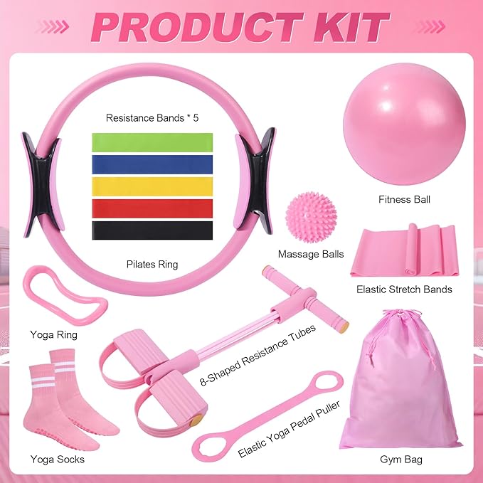 Pilates Kit 14 Pcs, Pilates Essentials Kit for Women, Pilates Equipment for Home with Yoga Circle Ball Ring, 5 Resistance Bands,Pedal Puller Resistance Band,Anti-Slip Socks for Starter Set Accessories