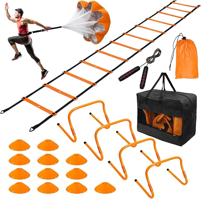 Soccer Agility Training Equipment Set, 20ft Speed Ladder, 12 Soccer Cones, 4 Hurdles, Running Parachute, Jump Rope, Basketball Football Soccer Training Equipment