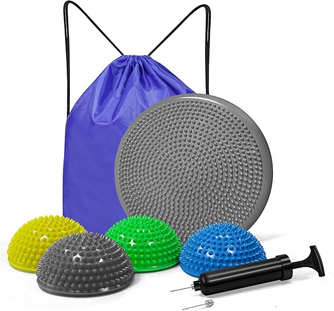 Wobble Cushion Set for Sensory Kids and Balance Training - Disc Plus 4 Pods, Board With Pump, Inflatable Stepping Pads for Adults
