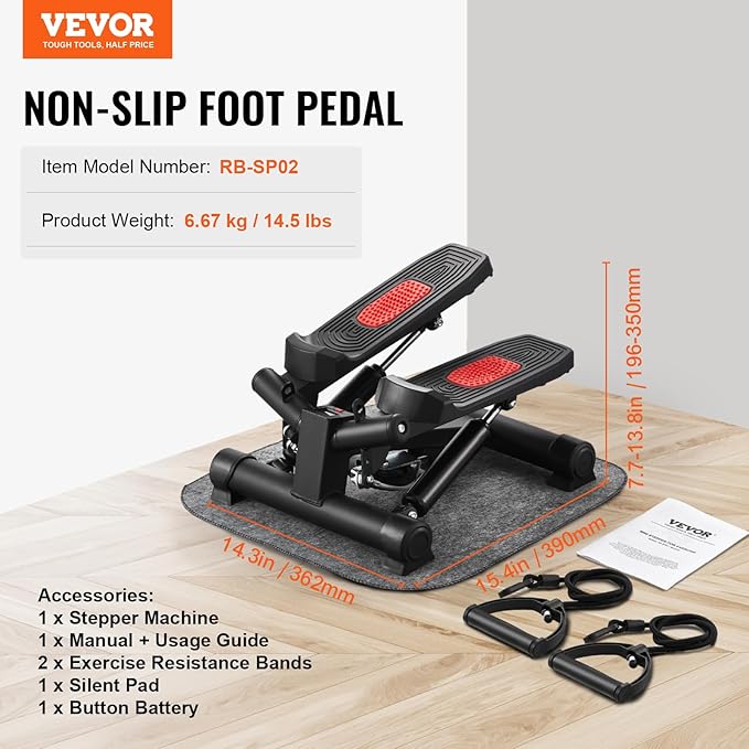 VEVOR Stair Stepper, Mini Stepper for Exercise at Home, Hydraulic Fitness Stepper with Resistance Bands, Full Body Workout Cardio Equipment, Stair Climber