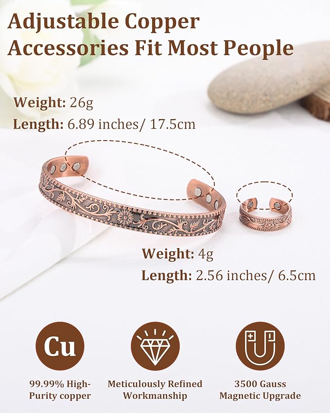 BioMag 99.99% Pure Copper Bracelet&Ring for Men and Women, Adjustable Magnetic Bracelet & Ring with Built-in Strong Magnets, Elegant Vintage Flower Design, Jewelry Christmas Gift