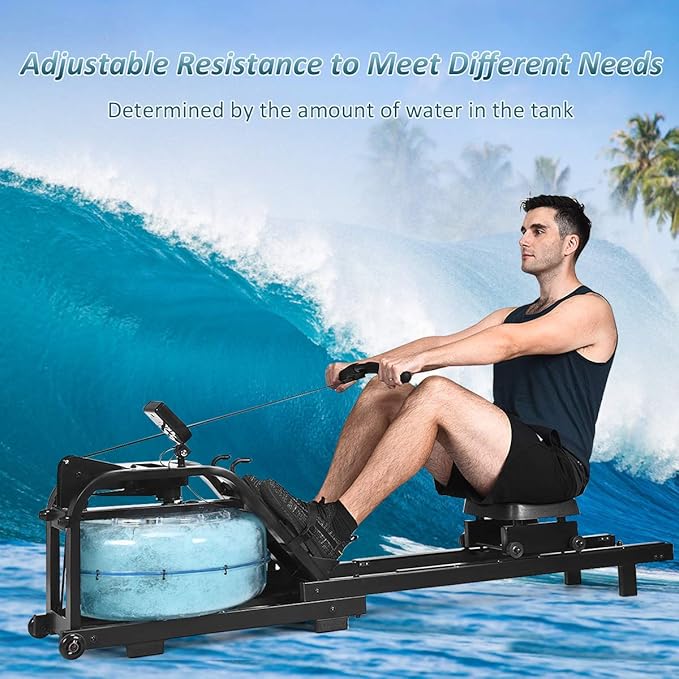 GYMAX Water Rowing Machine, Water Rower with Adjustable Resistance & LCD Display, Easy-Transportation Rower for Whole Body Exercise Cardio Training