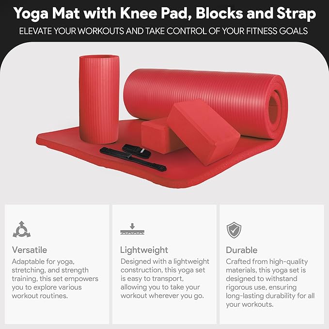 BalanceFrom 71x24 Inches Yoga Mat with Knee Pad and Optional Blocks – Extra 1-Inch Thick Non-Slip Foam with Anti-Tear Surface and Carrying Strap for Home, Studio, or Gym Workouts