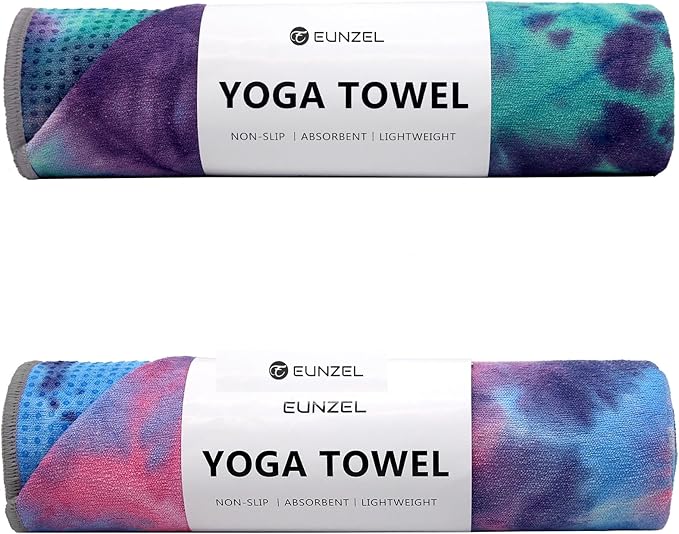 Eunzel 2 Pack Yoga Towel,Hot Yoga Mat Towel with Grip Dots Sweat Absorbent Non-Slip for Hot Yoga, Pilates and Workout 24" x72，Purple & Blue/Green & Purple (2 Pack)
