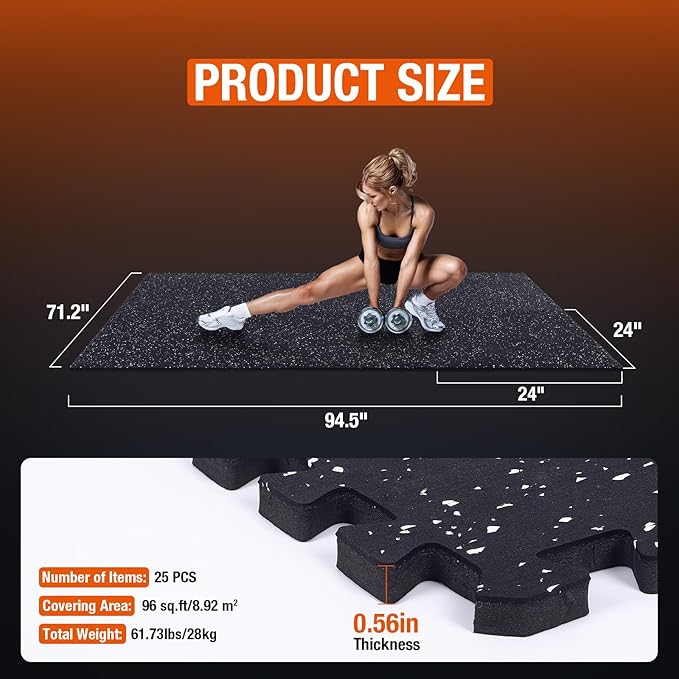 FAHKNS Gym Mat, 0.56'' Thick Exercise Equipment Mats, 24 Pcs 96 Sq Ft Rubber Top Floor Tiles, EVA Foam Exercise Mat Tiles - Durable, Non-Slip, Interlocking Mat (25Pcs, 24 Get 1 Free)