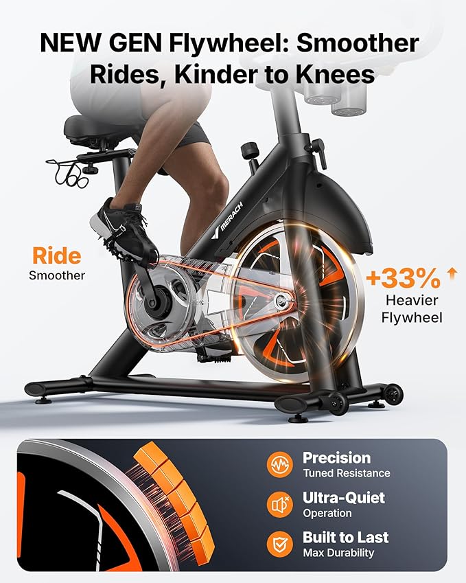 Merach Magnetic Exercise Bike, Low Noise Stationary Bike for Home with Comfortable Seat Cushion, Spinning Bike with 330 lb Weight Capacity, Exclusive App, Tablet Mount and Fitness Courses