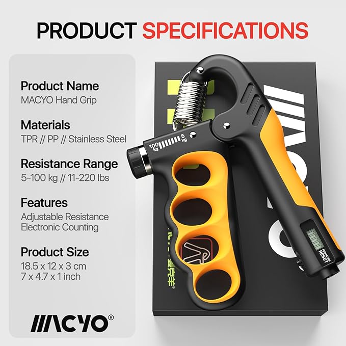 MACYO Grip Strength Trainer with Wider Handles - Adjustable Hand Grip Strengthener 11-220Lbs(5-100KG) for Large Hands, Automatic Counter & Ergonomic Design, Comfortable Forearm Workout for Athletes, Injury Recovery