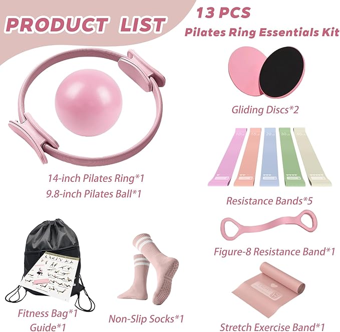 Pilates Essentials Kit for Women, Yoga Exercise Equipment Set for Home Workouts with Mini Ball, Resistance Bands, Sliding Disks & Accessories - Fitness Set for Yoga & Pilates Beginners