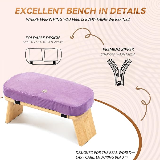 Meditation Bench, Bamboo Meditation Stool, Folding Kneeling Meditation Bench, Seiza Prayer Bench, Prayer Bench with Meditation Cushion, Kneeling Stool(Purple)