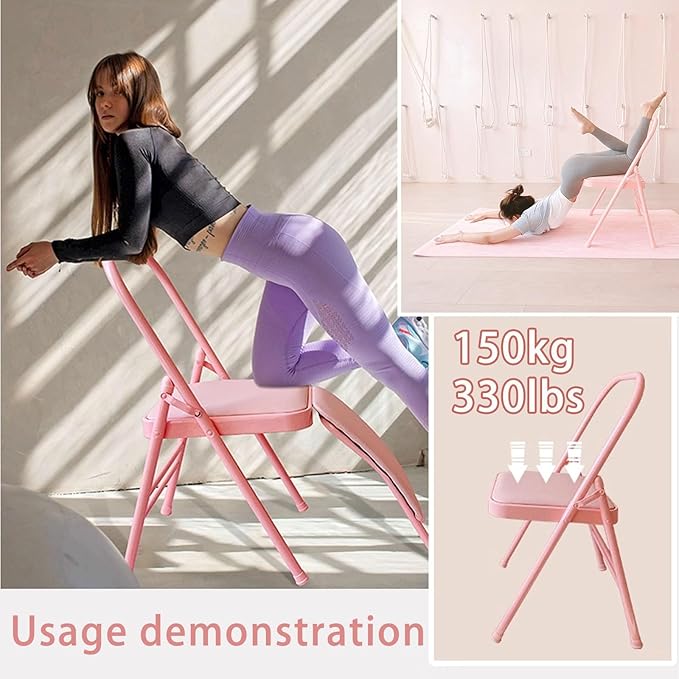 Foldable Yoga Auxiliary Chair for Adults Yoga Chair with Lumbar Support Metal Steel Frame 330 lbs Capacity YogaAuxiliaryChair for Balance Handstand Training Back Pain Relieving(Pink)