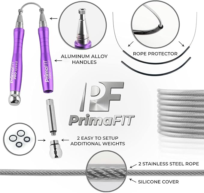 PrimaFIT Jump Rope Pro Speed Skipping Rope Adjustable Adult Jumping Rope Weighted Aluminium Handles for Double Dutch Boxing Workout Crossfit Exercise Fitness Spare Cable Weights Protectors Carry Bag