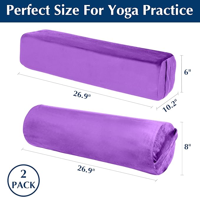 2-Pack Yoga Bolster Pillow Set: Rectangular & Cylinder Pillows for Meditation and Support, Yoga Pillows with Washable Velvet Cover, Triple-Layer Sponge with Carry Handle, Purple