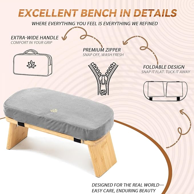 Meditation Bench, Bamboo Meditation Stool, Folding Kneeling Meditation Bench, Seiza Prayer Bench, Prayer Bench with Meditation Cushion, Kneeling Stool(Grey-Bag)