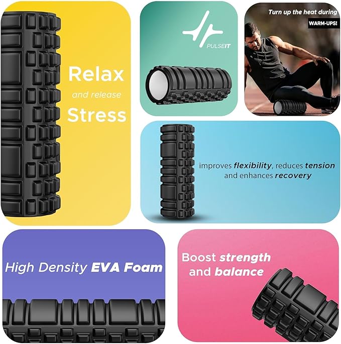 PulseITRoll 30cm Foam Roller – Deep Tissue Back & Muscle Massager for Pain Relief, Myofascial Trigger Point Therapy, Yoga, Pilates & Fitness Recovery – 30CM High-Density Black Roller