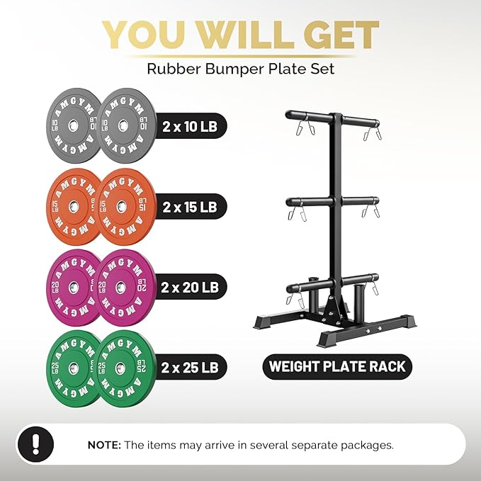 Weight Plate Tree Rack & Weight Set, Strength Training Plate Storage Stand and Barbell Holders for Home Gym, 1100 lb Weight Capacity, Fits Both 1" and 2" Bumper Plates