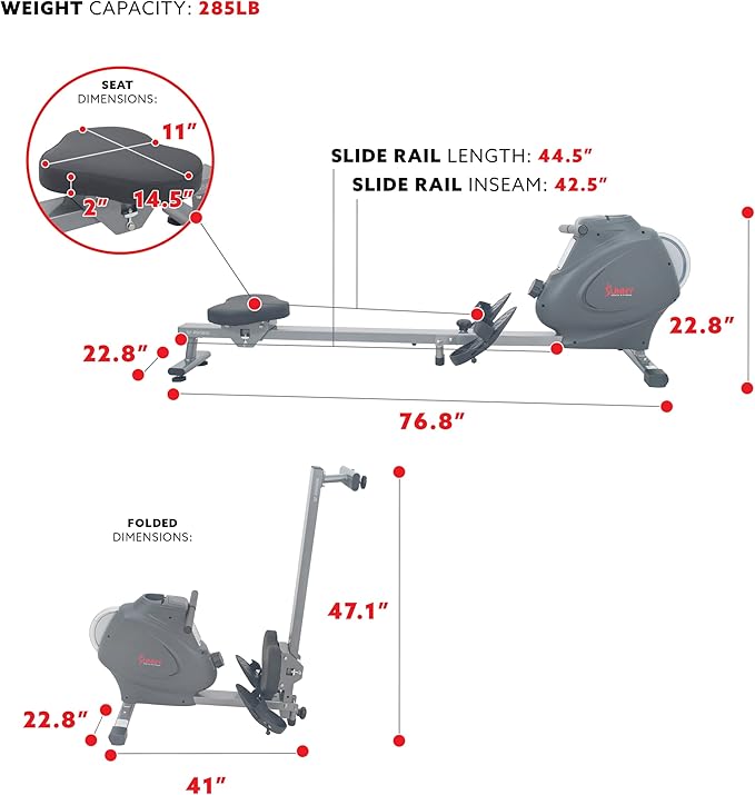 Sunny Health & Fitness Foldable Magnetic Rower, Long Rail & Extended Inseam Range for Home Cardio Workout, Free SunnyFit Training App, Optional Footplate for Standing Exercises